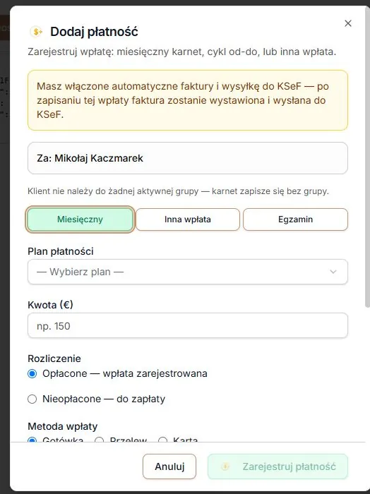 Ostrzeżenie o automatycznej fakturze i wysyłce do KSeF — formularz przed zapisem
