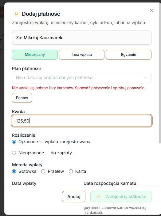 Nieudany odczyt cennika — komunikat, ponowienie i blokada nowej wpłaty
