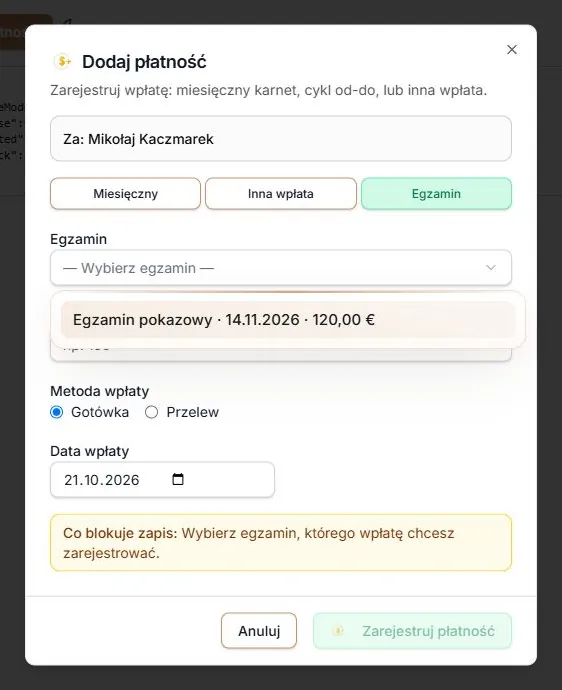Dodaj płatność — lista egzaminów osoby