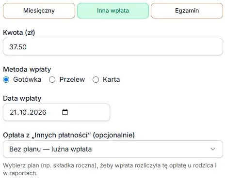 Dodaj płatność — zakładka Inna wpłata