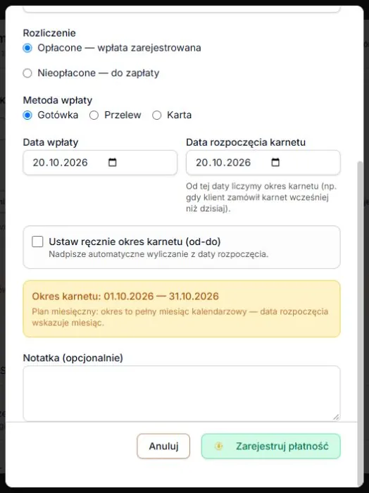 Data w środku miesiąca i podgląd pełnego miesiąca kalendarzowego. Dolne pola okna są dostępne po przewinięciu.