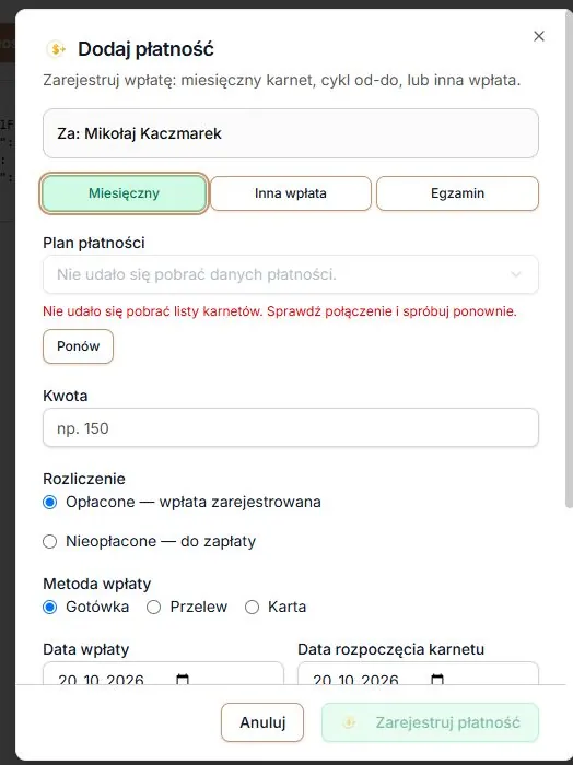 Odczyt cennika bez odpowiedzi — komunikat, ręczne Ponów i blokada zapisu