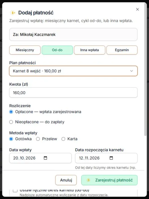 Od-do: wybór planu z cyklem od dnia rozpoczęcia i odczyt kwoty.