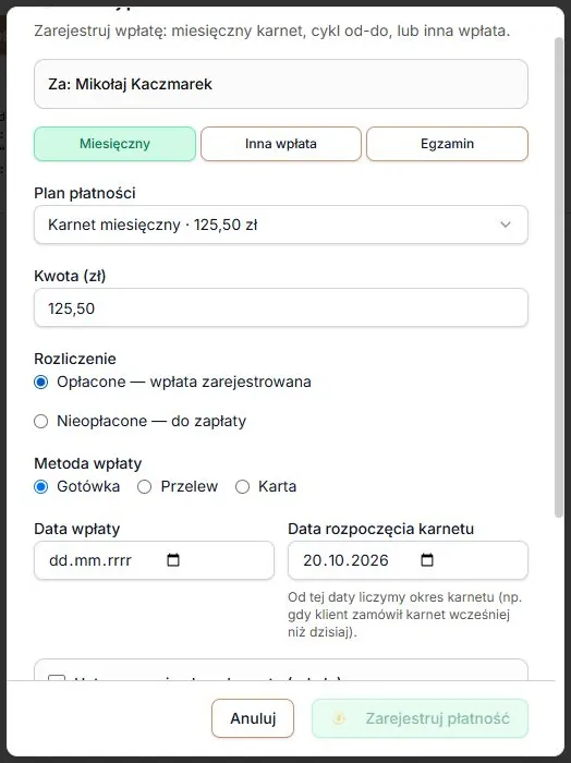 Opłacone — metoda i data wpłaty są wymagane przy rejestrowaniu otrzymanych pieniędzy