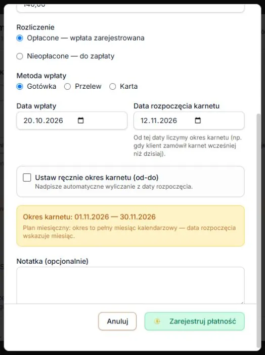 Odznaczenie ręcznego okresu przywraca automatyczny miesiąc wynikający z daty rozpoczęcia.
