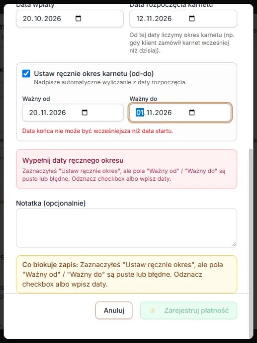 Odwrócony okres wymaga poprawienia dat przed zapisem.