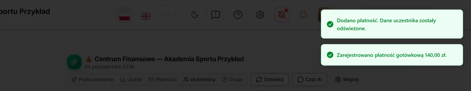 Komunikaty po dodaniu płatności