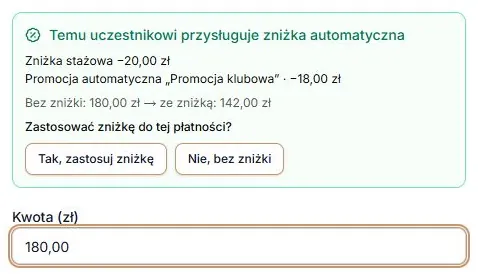 Zniżki w Dodaj płatność — propozycja 142 zł i kwota 180 zł przed decyzją