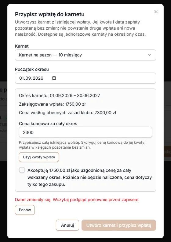 Odmowa starej wyceny po zmianie zasad klubu