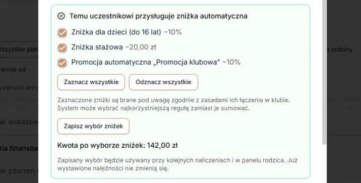 Zniżki — osobny wybór reguł, zapis preferencji i aktualna kwota