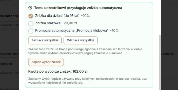 Zapisz wybór zniżek — osobna operacja i zasady przyszłych naliczeń
