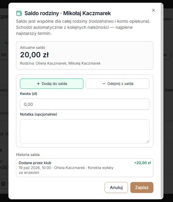 Saldo rodziny — wspólne 20 zł, pola korekty i rzeczywista historia