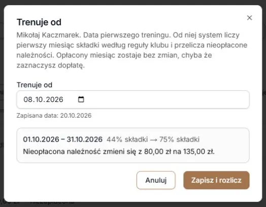 Po odwołaniu terminu nowy podgląd wycenia sześć z ośmiu treningów na 135 zł.
