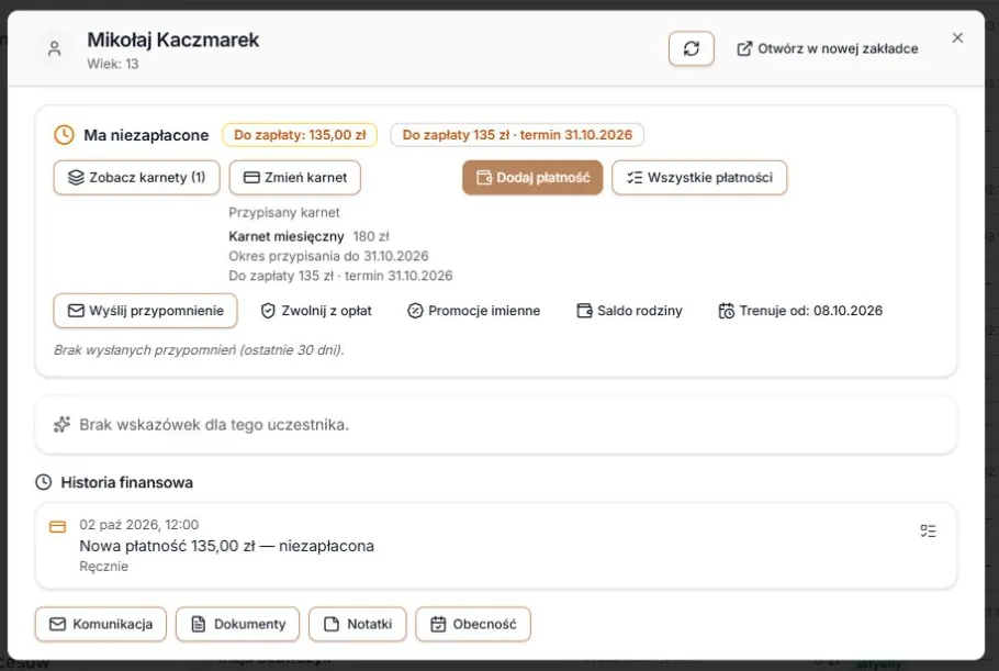 Aktualny wynik po ponownym podglądzie: należność 135 zł i data 08.10.2026.