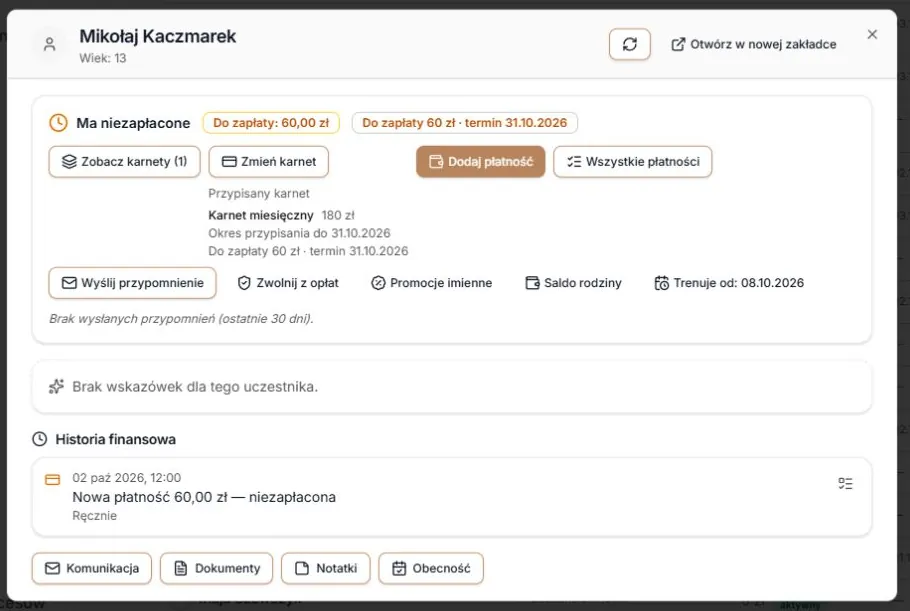 Po zapisaniu daty zachowana ręcznie ustalona należność 60 zł.
