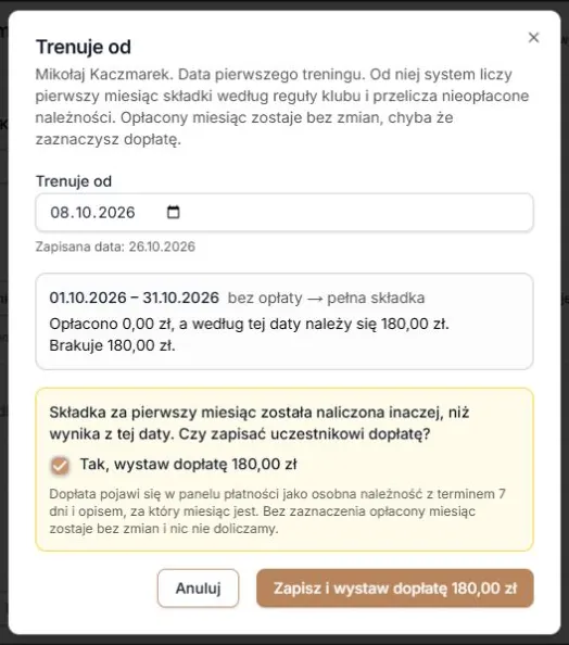 Osobna dopłata po rozliczonym zerowym okresie wymaga zaznaczenia.