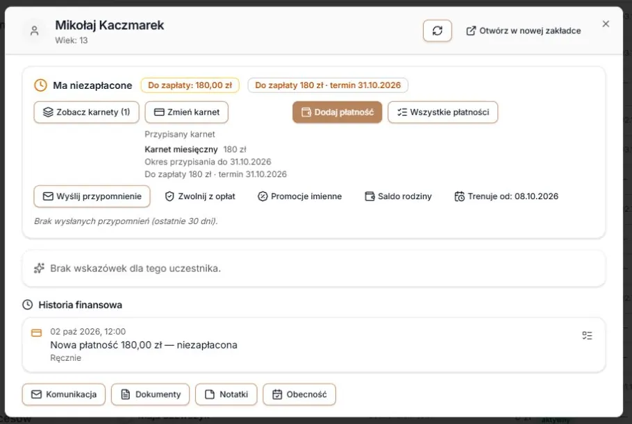 Wynik przeliczenia zerowej należności: 180 zł i nowa data w profilu.