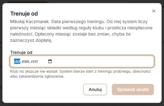 Rzeczywiste okno daty pierwszego treningu
