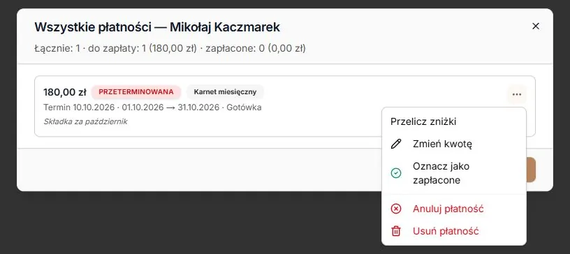 Akcje przy nieopłaconej należności za karnet
