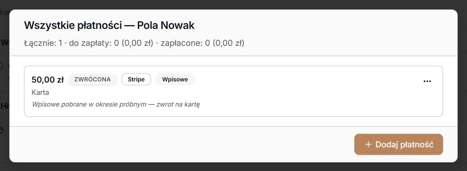 Zwrócona wpłata