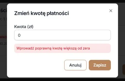 Zero nie jest poprawną kwotą w tym oknie