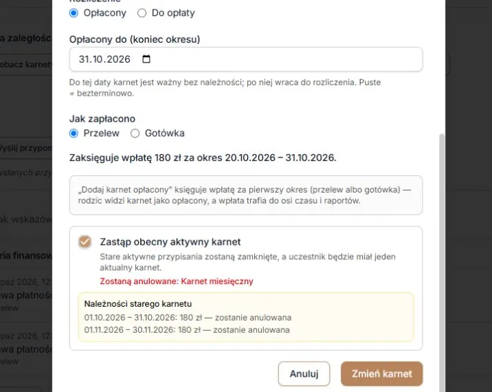 Zmień karnet — rozliczenie, metoda, zastąpienie i zapis