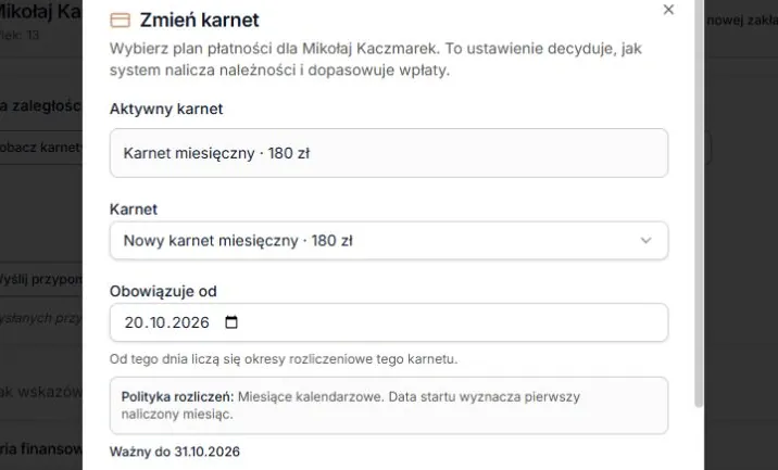 Zmień karnet — aktualny plan, nowy plan, początek i polityka