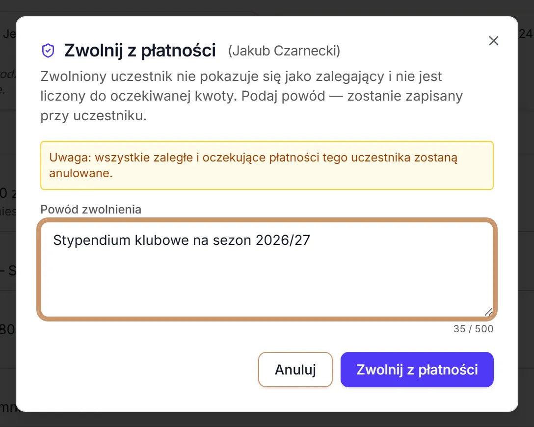 Zwolnij z płatności — z powodem