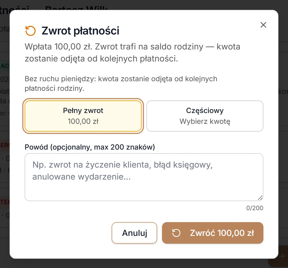 Zwrot wpłaty częściowej do salda rodziny