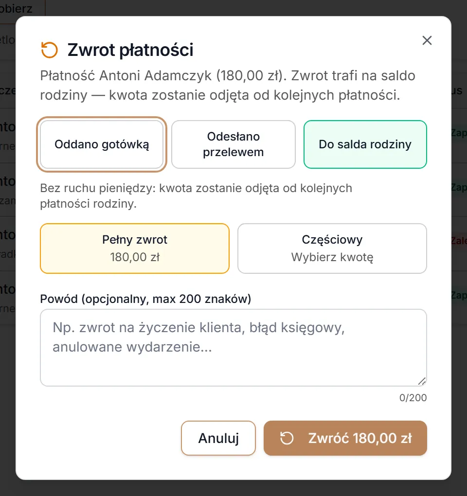 Zwrot z wybranym saldem rodziny