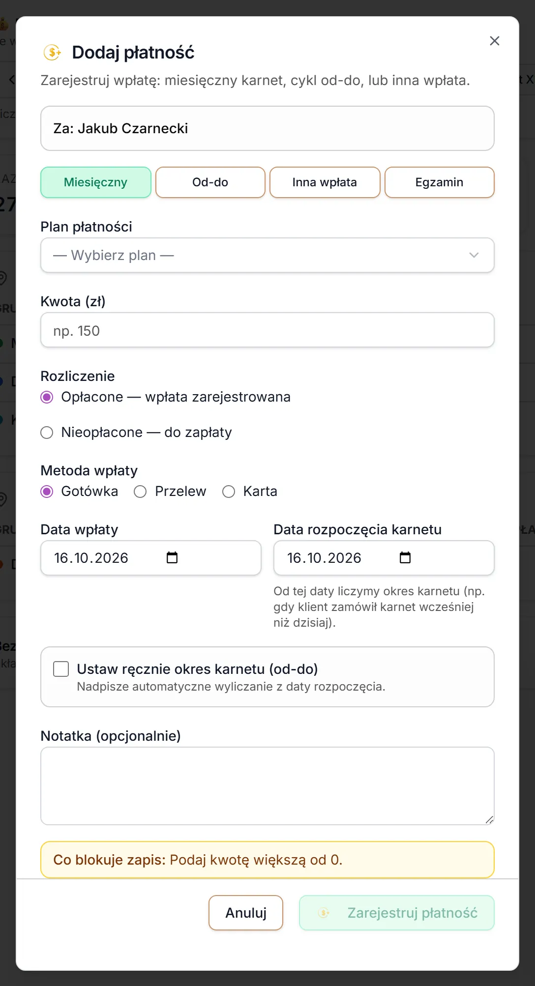Okno Dodaj płatność otwarte z czatu