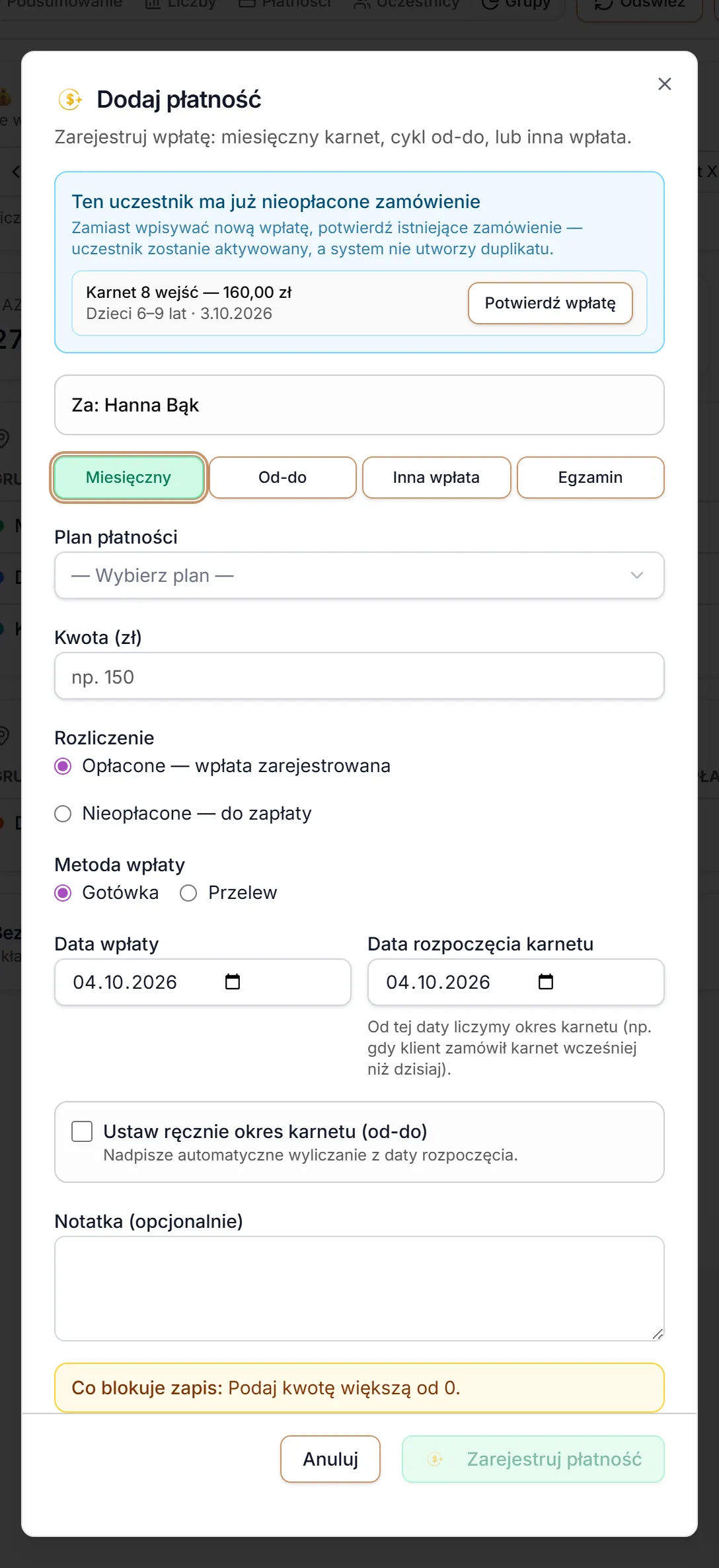 Okno wpłaty, gdy osoba ma nieopłacone zamówienie