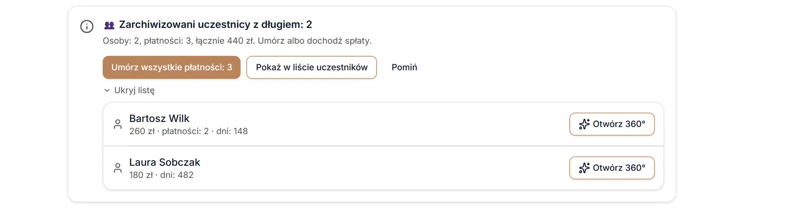 Lista osób z archiwum z długiem