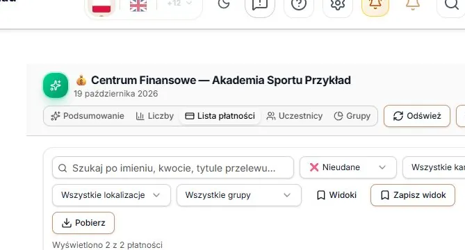 Lista płatności z filtrem nieudanych płatności