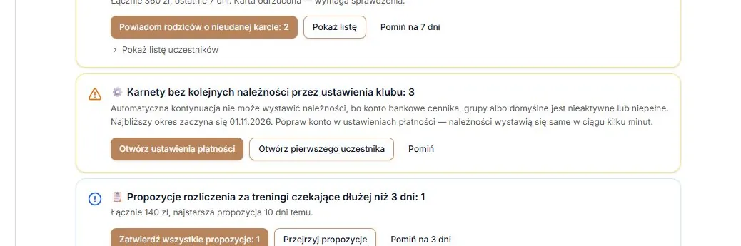 Pozycja „Karnety bez kolejnych należności przez ustawienia klubu”