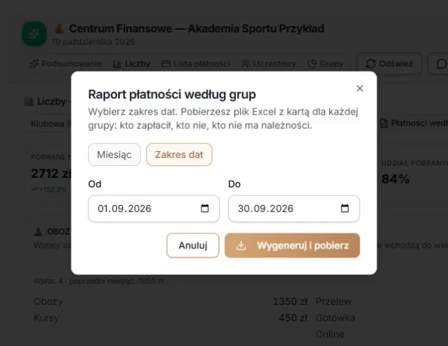 Raport płatności — tryb Zakres dat