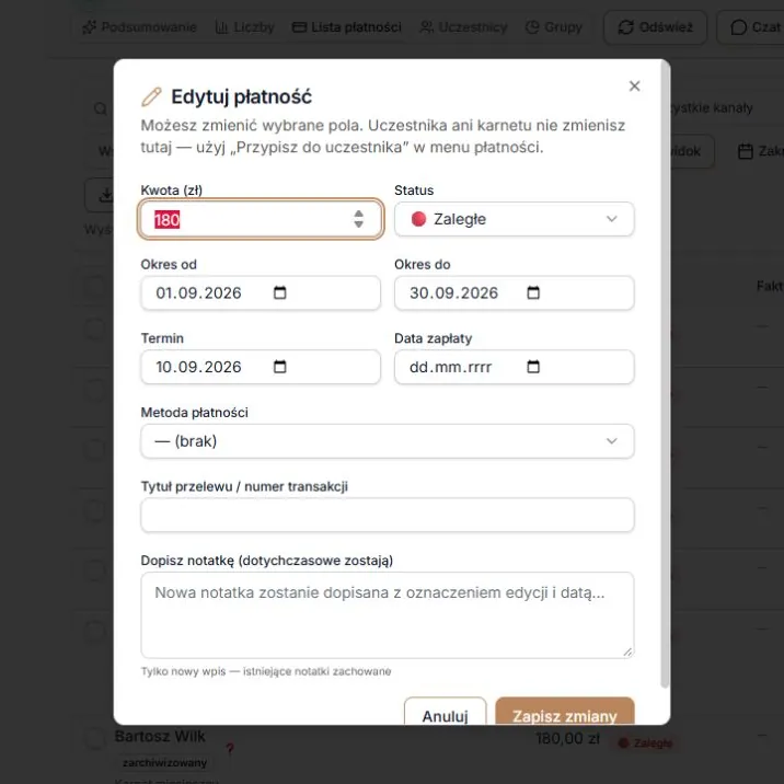 Edytuj płatność — kwota, status i daty