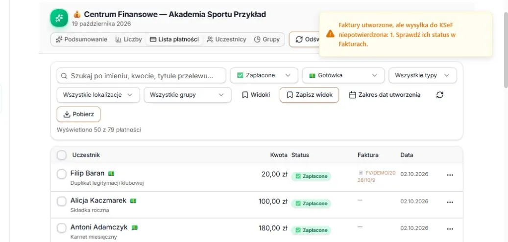 Pojedyncza faktura zapisana, ale wysyłka wymaga sprawdzenia
