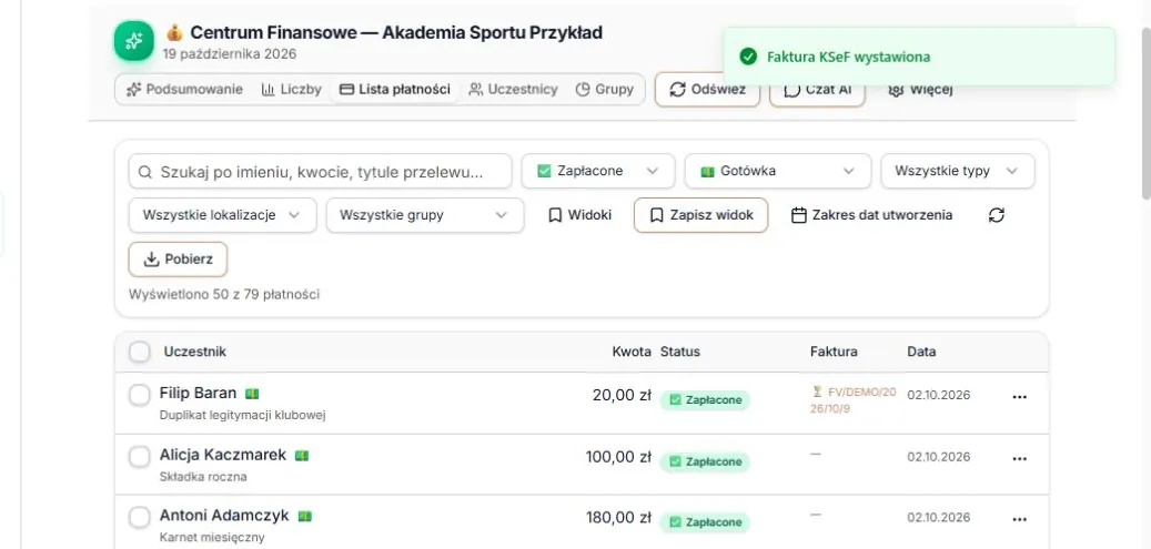 Faktura utworzona z menu — numer i oczekujący status wysyłki