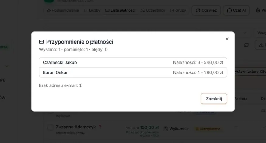 Wynik zbiorczego e-maila i przyczyna pominięcia