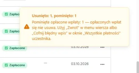 Wynik usuwania — część płatności pominięta