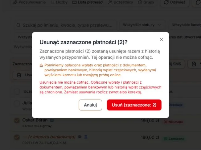 Okno usuwania zaznaczonych płatności