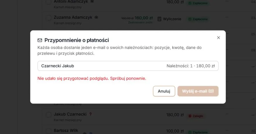 Nieudany odczyt podglądu — wysyłka zablokowana