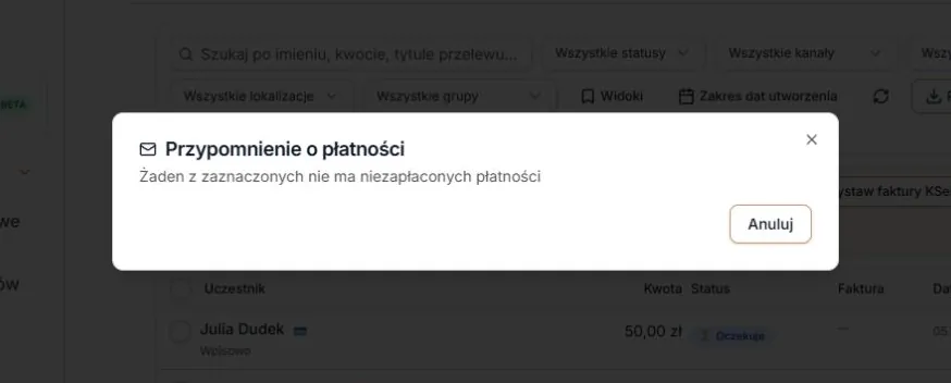 Zaznaczone pozycje bez należności do przypomnienia
