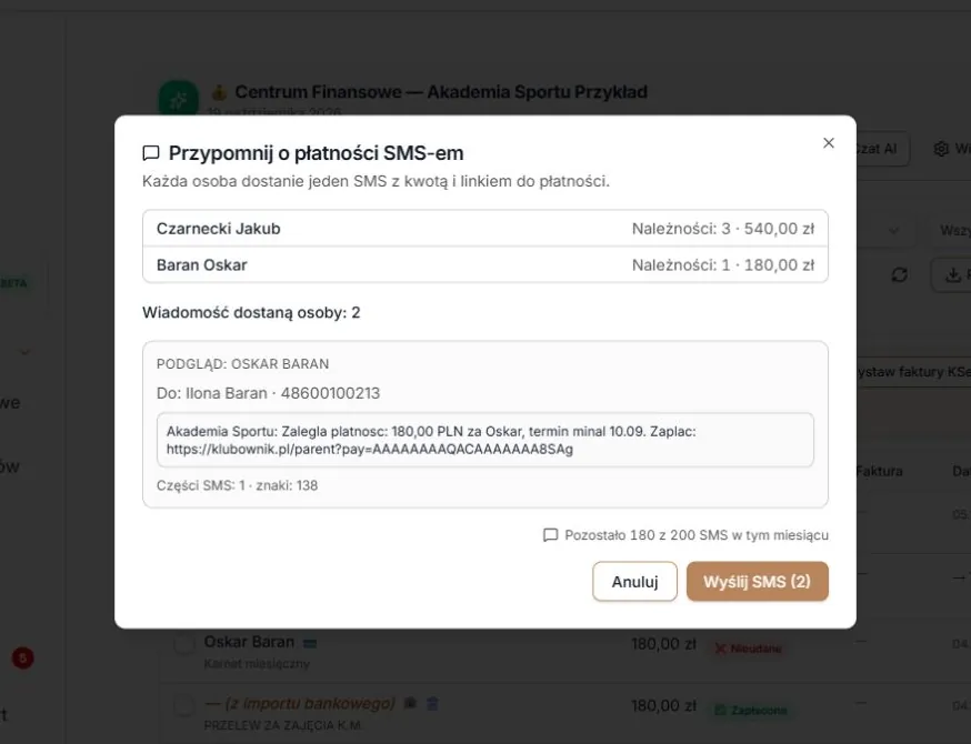 Podgląd przypomnienia SMS, liczba części i dostępna pula