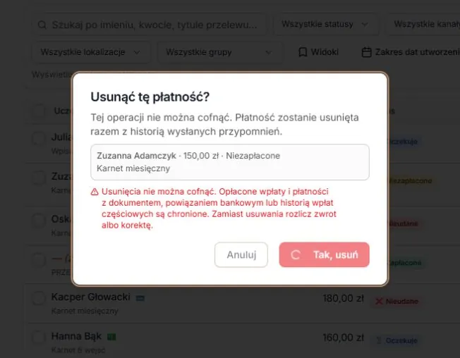 Trwające usuwanie — poczekaj na wynik