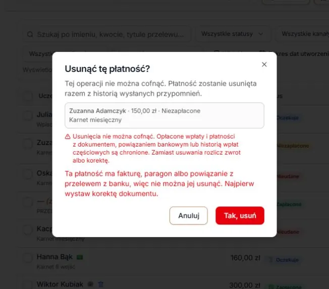 Odmowa z powodu dokumentu lub powiązania bankowego