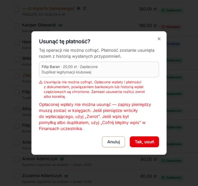 Odmowa usunięcia opłaconej wpłaty