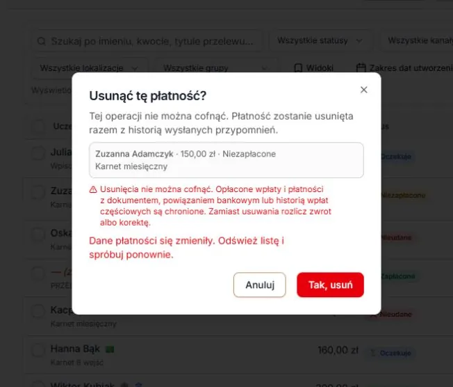 Zmiana danych wykryta przed usunięciem