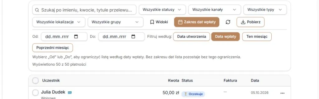 Wyczyszczenie dat zachowuje wybrane pole wpłaty